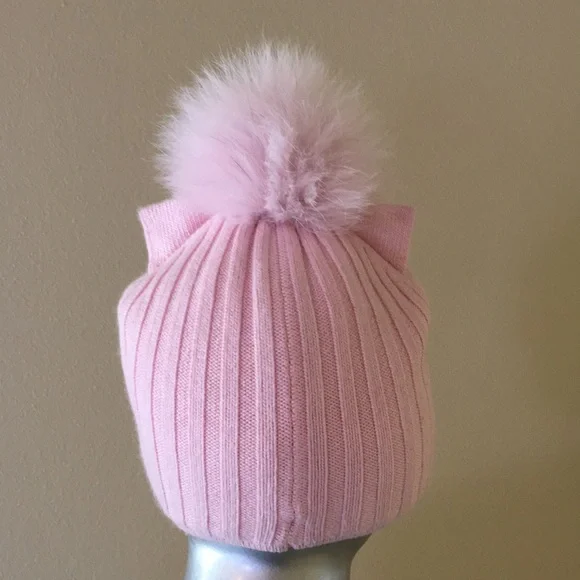 Kitty Cat Ear Beanie Hat With Fox Fur Pom Pom - Picture 5 of 10